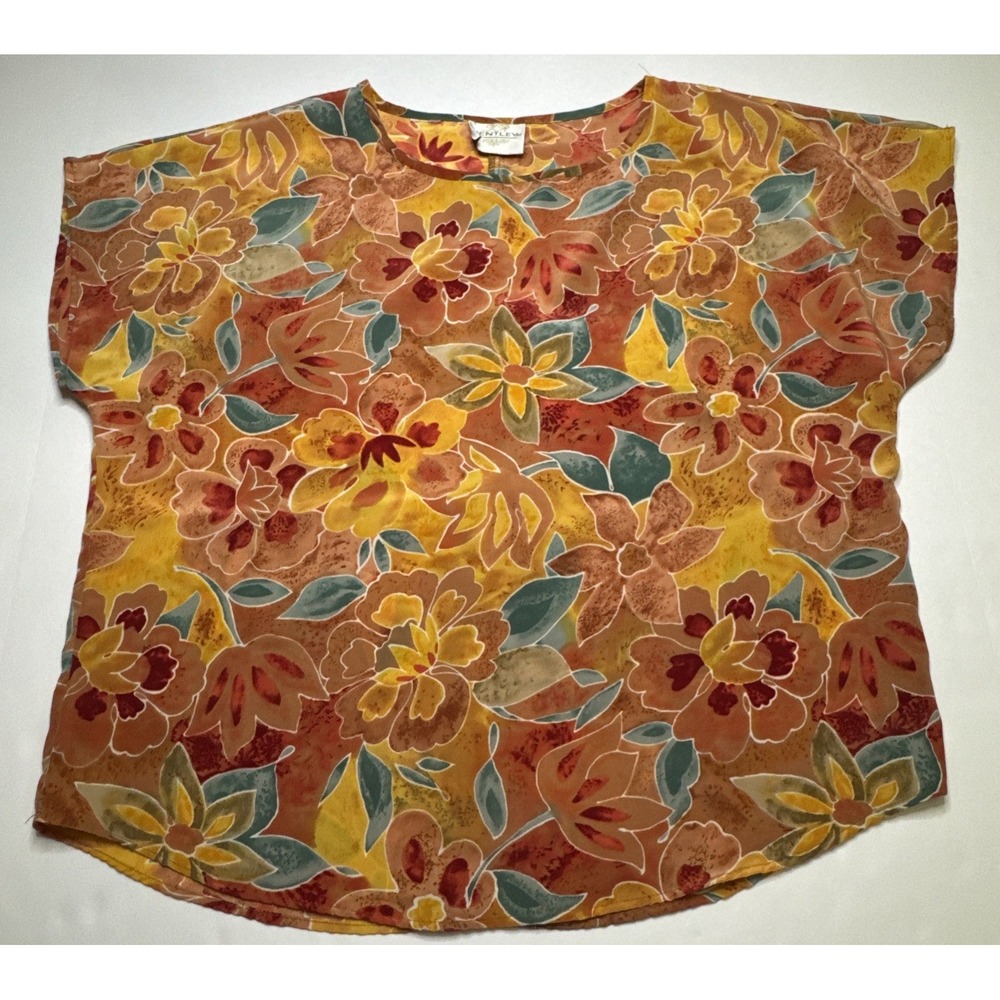 T.R. Bentley Vintage Floral Print Short Sleeve Blouse Yellow Terracotta Boxy L